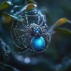Sparkling spider web with glowing blue arachnid.