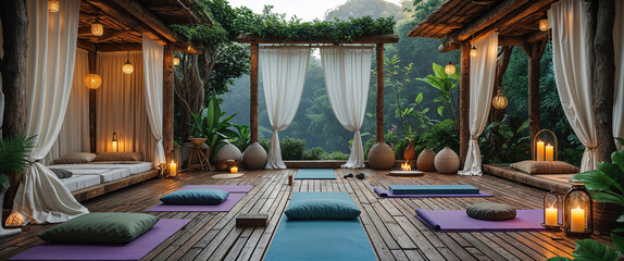 Tranquil outdoor yoga and meditation space with candles and natural scenery for relaxation