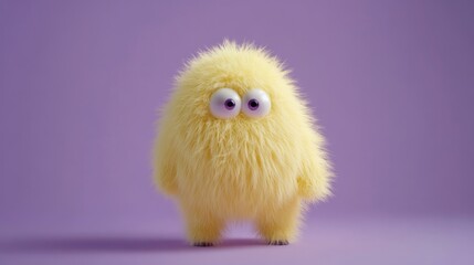 Yellow fluffy funny animal with a small head, Yeti isolated on a purple background