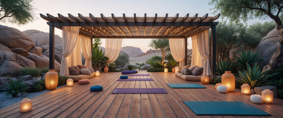 Tranquil outdoor yoga retreat with comfortable cushions and soft lighting at dusk