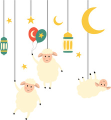 Eid al Adha Sheep Lantern Illustration. Goat, sheep, qurban animal with islamic lantern vector isolated.