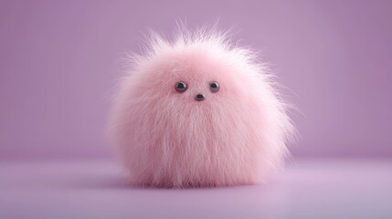 Pink fluffy funny animal with a small head, Yeti isolated on a purple background