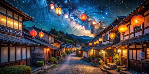 Fototapeta premium Magical Night: Starry Sky Over Traditional Japanese Village with Glowing Lanterns