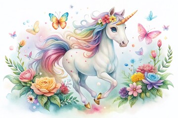 Magical Unicorn Watercolor Painting: Whimsical Flower & Butterfly Fantasy