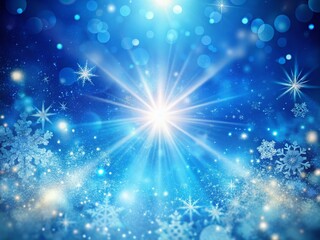 Magical Winter Background: Sparkling Snowflakes & Glowing Rays in Blue Sky