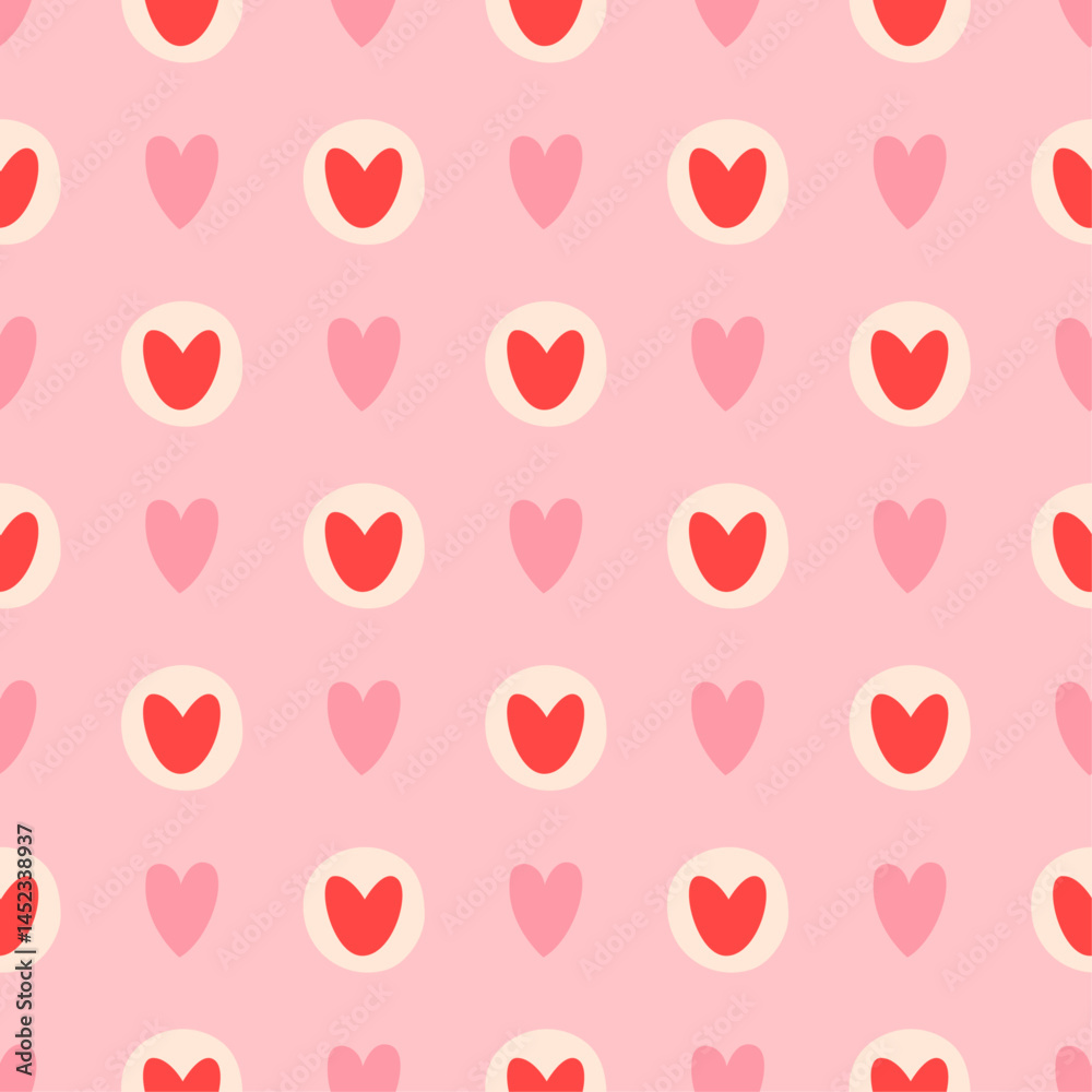 Poster repeating pattern of hearts on a pink background. there are two types of hearts: solid pink hearts a