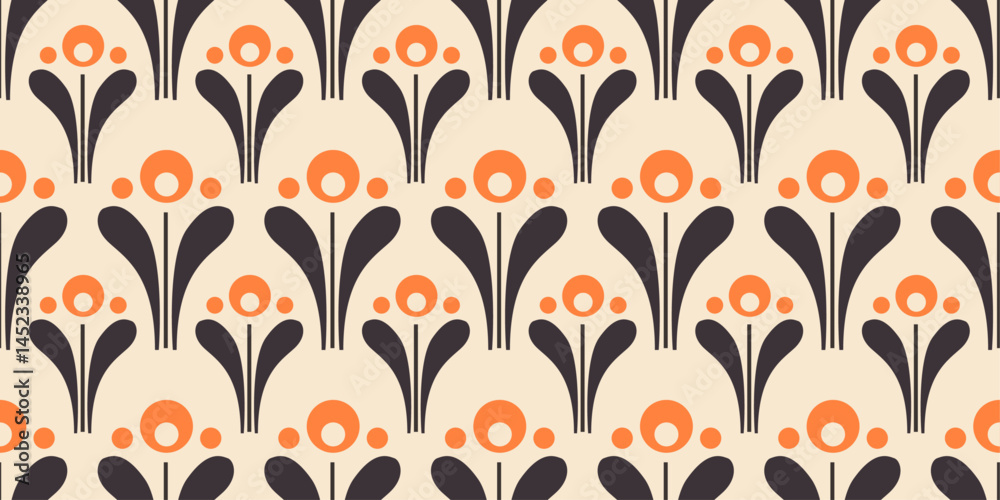 Aufkleber repeating floral pattern with a retro aesthetic. the flowers are stylized with orange circles for th