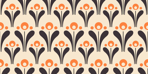 Repeating floral pattern with a retro aesthetic. The flowers are stylized with orange circles for the blooms and smaller orange dots surrounding them.
