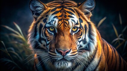 Naklejka premium Majestic Bengal Tiger Close-Up Night Wildlife Photography