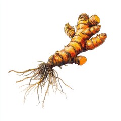 Obraz premium Turmeric Root Illustration: Vibrant Watercolor and Ink Drawing of Fresh Turmeric Rhizome on White Background for Culinary and Health Concepts
