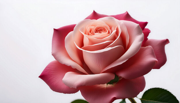 Close-up of a beautiful pink rose blooming against a white background.