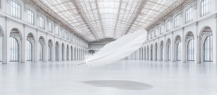 Feather floating in a vast white hall.