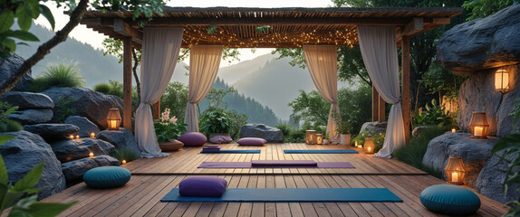 Tranquil yoga platform surrounded by nature offering peace and calm relaxation