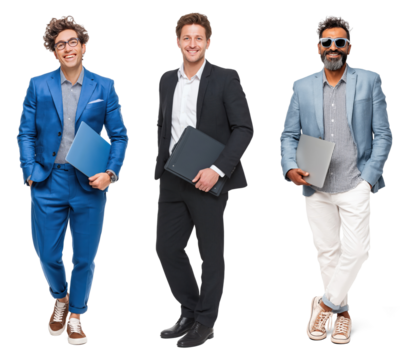 Businessmen holding laptops and folders on transparent background
