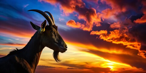 Naklejka premium Majestic Goat Silhouette at Sunset: Dramatic Profile Against Vibrant Sky