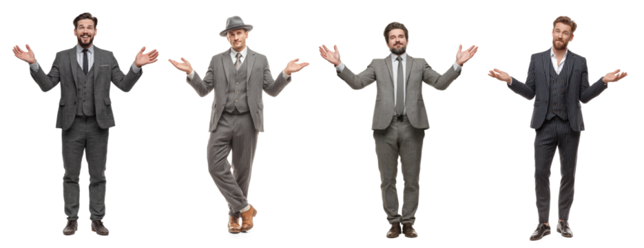 Four businessmen showing or presenting something with open hands on transparent background