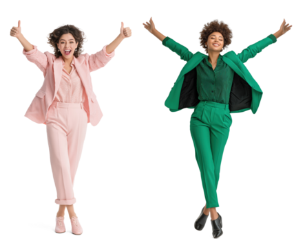 Two businesswomen celebrating success with thumbs up and open arms on transparent background
