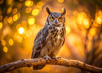 Majestic Great Horned Owl Perched in Oak Tree at Sunset - Wildlife Photography