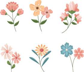 Collection of spring colorful flower elements . Set floral of wildflower, leaf branch, foliage on white background. Hand drawn blossom illustration for decor, easter, sticker, clipart, print.