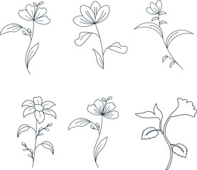 stylized flowers on stems with leaves in black lines on white background. SET
