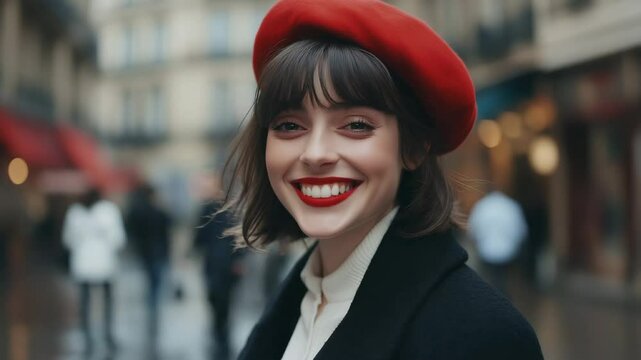 Stylish french woman wearing red beret and classic makeup poses elegantly on a Parisian street.