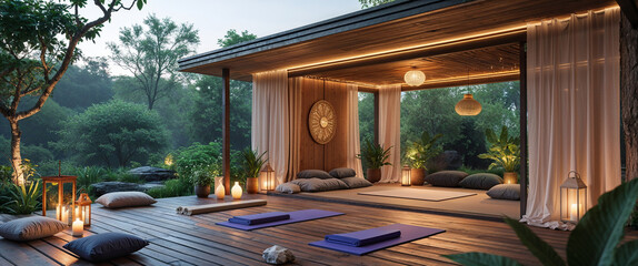Tranquil yoga studio outdoor space with comfortable cushions and nature views for relaxation