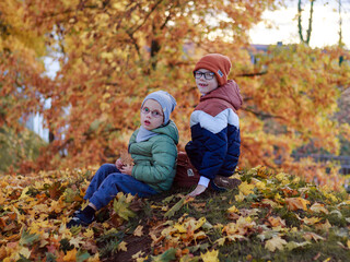 Fototapeta premium Two boys sitting under a large golden maple tree in autumn, park, brothers, landscape, horizontal, maple leaves. 