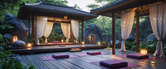 Tranquil zen garden setting with gazebo for yoga and meditation practices