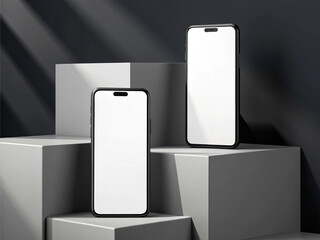 Two blank smartphones with white screens, placed on geometric gray blocks with staggered positioning and soft shadows – Minimalist and Tech Branding Concept