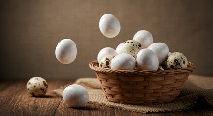 Still Life Woven Basket Overflowing with Pearl White Quail Eggs on Rustic Wooden Table with Burlap Cloth Macro Lens Capturing Transitioning Movement Detail
