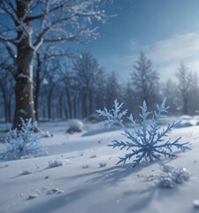 Blue winter scene, crystalline snowflakes gently falling , blue, ice
