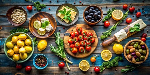 Mediterranean Diet Ingredients Flat Lay: Healthy Food Photography