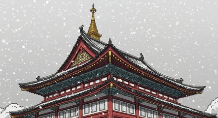 Fototapeta premium Detailed illustration of Asian architectural corner with falling snow backdrop