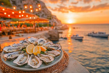 Fresh oysters served with lemon at seaside dining during sunset