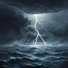 Fototapeta premium Stormy ocean scene of the Bermuda Triangle with lightning, dark clouds, mysterious triangle glow, ship, and planes, evoking mystery and danger. Perfect for thriller themes. AI generative