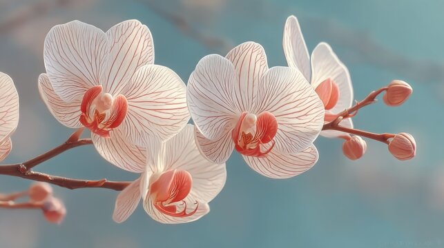 Close-up of delicate white orchids with red veins against a blurred blue sky