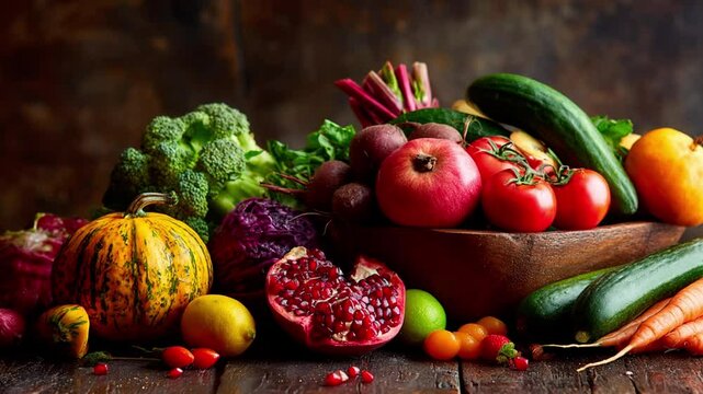A vibrant collection of fresh, colorful vegetables and fruits in a rustic wooden bowl.