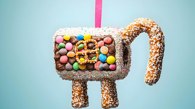 Sweet treat, shaped like a house, decorated with candy.  Covered in sprinkles, candy, and pretzels.  Hanging from a pink string