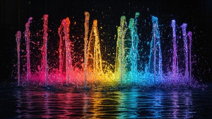 Obraz premium Colorful water jets reflecting vibrant hues on dark surface.