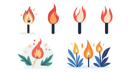 Burning match vector graphic design — isolated flame on wooden matchstick, minimal and clean style illustration, symbol of ignition, spark, energy, danger, start, warmth, and combustion.