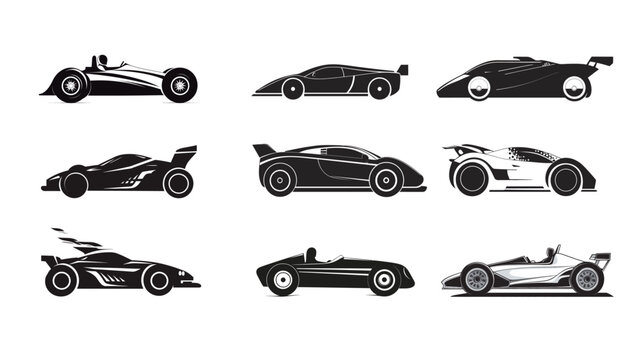 Black and white racing car vector graphic illustration, featuring sleek design and dynamic lines, capturing speed, power, and competitive energy in a minimalist style.
