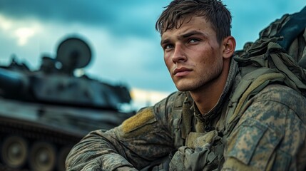 Fototapeta premium A soldier sits thoughtfully on a military tank, gazing into the distance. The backdrop captures an atmosphere of duty and contemplation during twilight hours