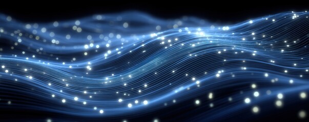 Flowing blue digital waves with glowing dots, representing data streams or abstract technology in motion against a dark background.