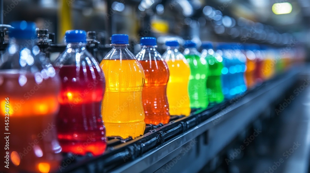 Poster colorful bottles filled with various soft drinks are seen moving along a conveyor belt in a busy pro