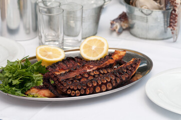 Grilled Octopus on a Plate - Greek Seafood, Mediterranean Cuisine, Delicious Grilled Seafood Dish