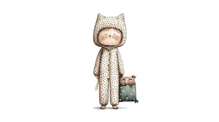 Cute child character in polka dot pajamas with a toy bag