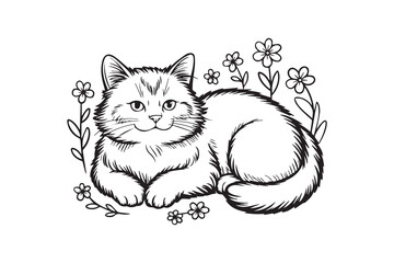 cat with flowers illustration silhouette vector