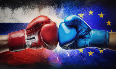 EU vs Russia political and economic tense relations as two boxing gloves punching each other with national flags on background. Geopolitical conflict, sanctions and trade war between european states