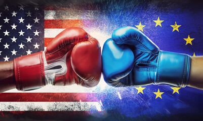 US versus EU trade war and economic tension as two boxing gloves punch each other with national flags on background. Business competition of American and European states imposing tariffs and taxes