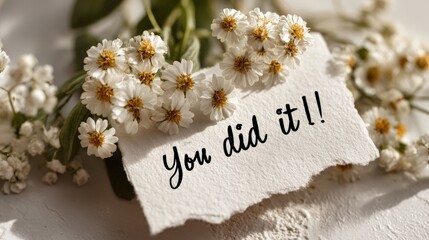 "You Did It" Note Surrounded by Flowers: A handwritten message of congratulations is beautifully accented by a delicate array of flowers, creating a heartwarming scene.